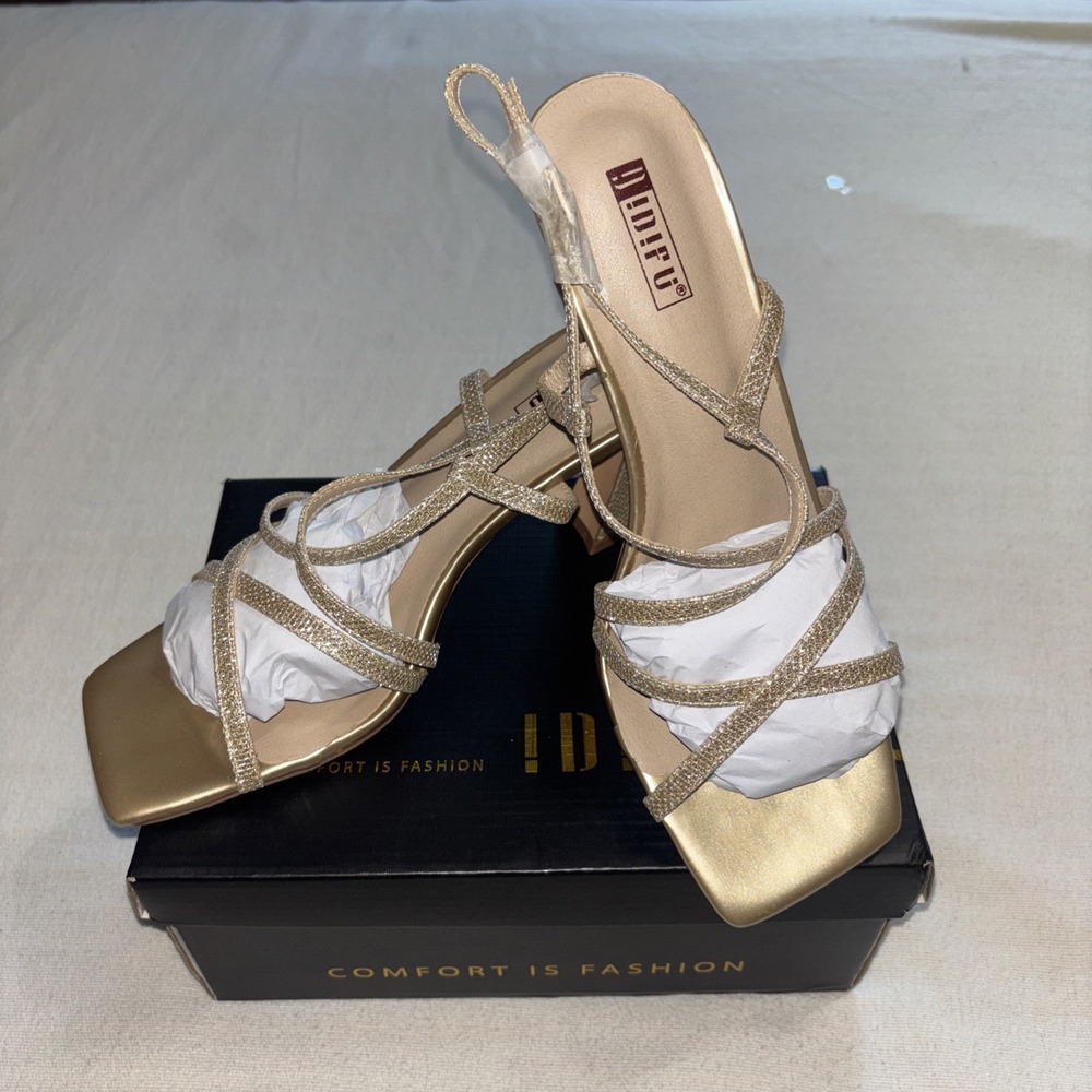 Gold Glitter Block Heel Strappy Sandals Open‎ Toe Ankle Strap  8.5 Formal